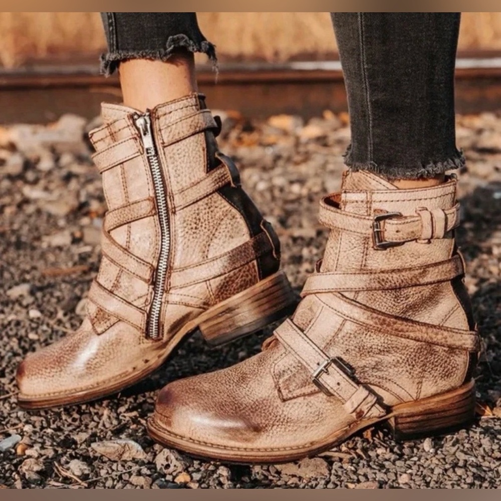 Freebird by Steven Distressed Tan Leather Strap Ankle Booties